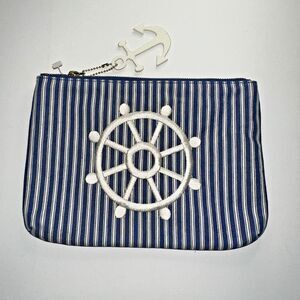Talbots‎ Pouch Purse Blue and White Striped Embroidered Leather Anchor Tag Zip